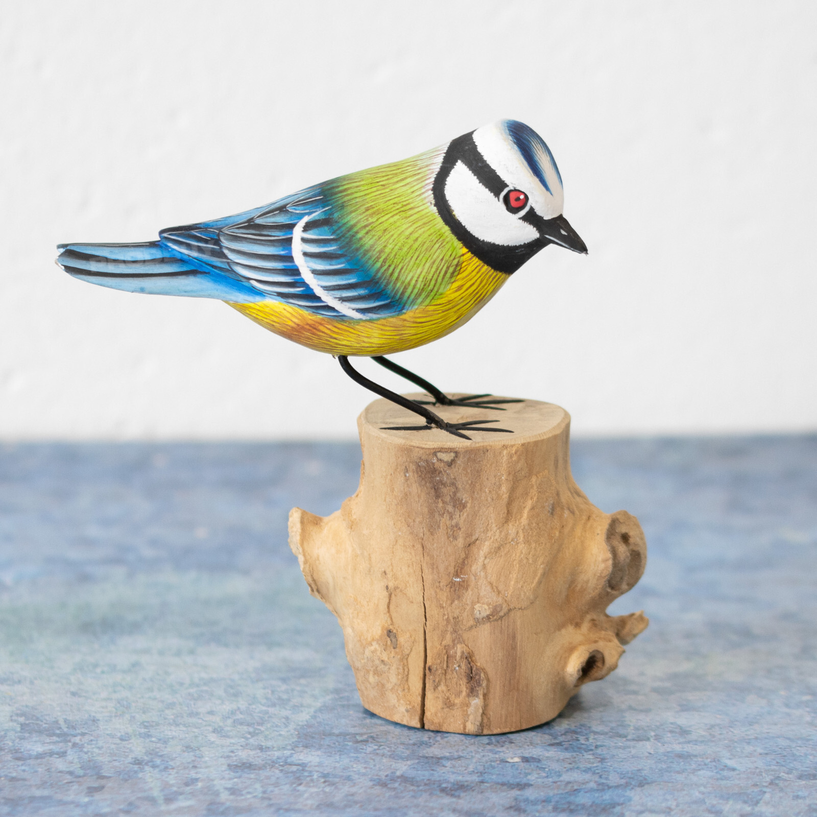 Small Wooden Blue Tit Bird Ornament On Tree Root Perch Carved Decorative Figure