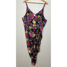 SHEIN Curve Floral Midi Dress Women 4XL Black Ruched Asymmetrical Satin V-Neck