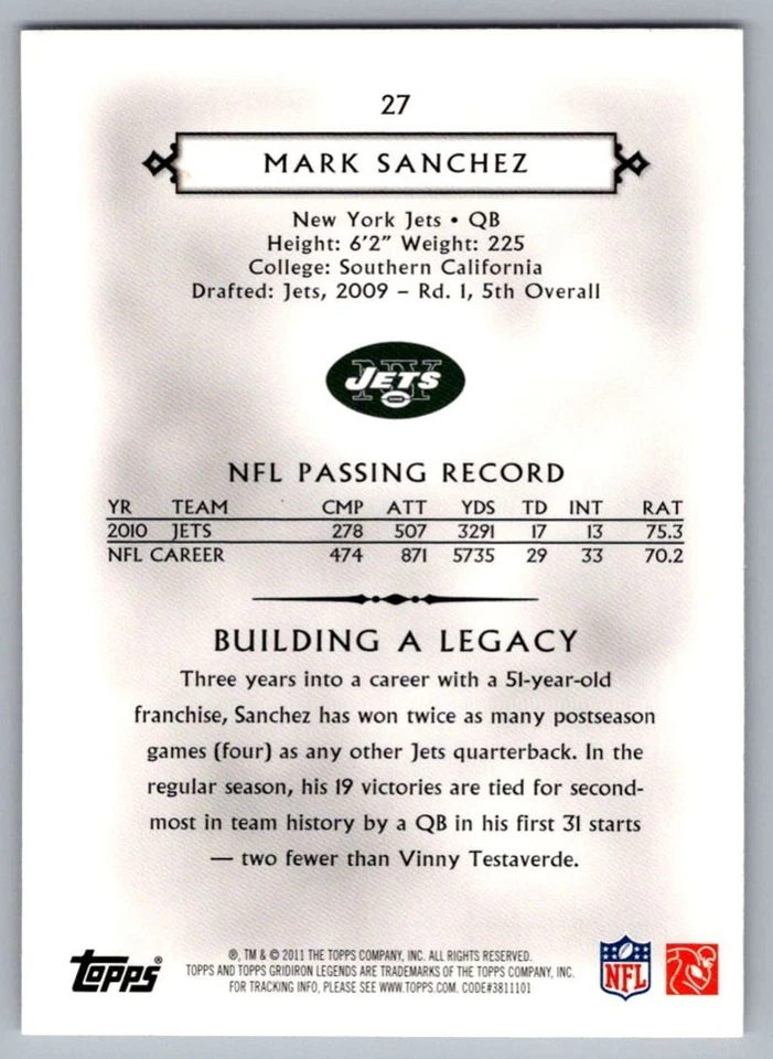 2011 Topps Gridiron Legends Mark Sanchez New York Jets #27 - Image 2 of 2