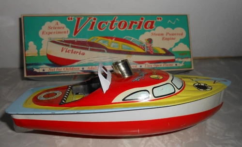 Vintage 1996 Schylling Tin Toy Boat With Box Top Only.Victoria Steam Powered.NR!