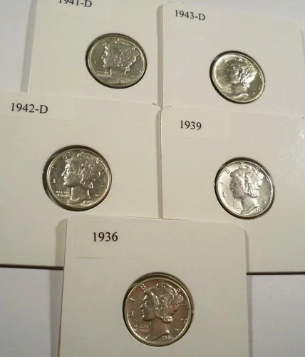 LOT OF 5 BU MERCURY DIMES 1936 1939 1941D 1942D 1943-D 0.3617 oz SILVER 10c