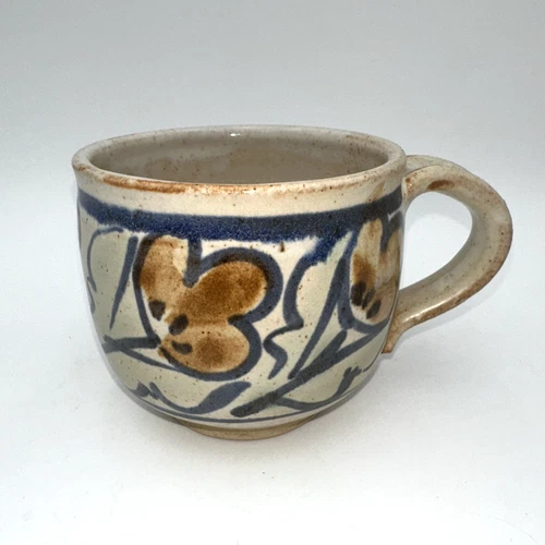 Handmade Art Pottery Mug Signed Studio Stoneware Blue Brown Floral Rustic Cup