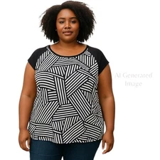 ANA A New Approach Black White Geometric Stripes Pullover Cap Sleeves Top Sz 1X