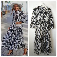 Zara Geo Dress Print Cotton Summer Kaftan Midi Tunic Black Ecru M Medium 10 12 