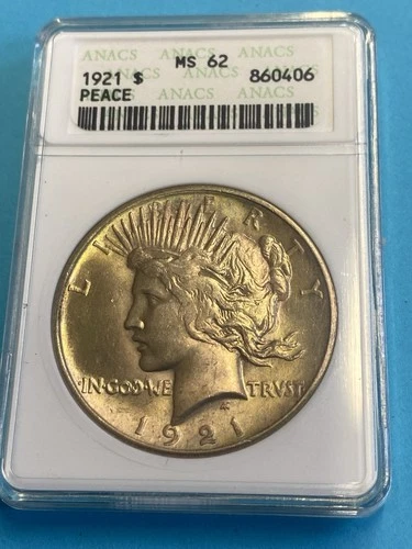 1921 $1 Peace Dollar High Relief ANACS MS62 - Excellent Luster ! Old Holder