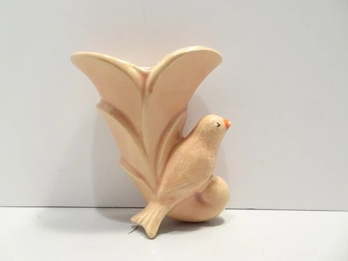 Vintage Shawnee Pottery Wall Pocket Bird Cornucopia Peach Pink Cottagecore