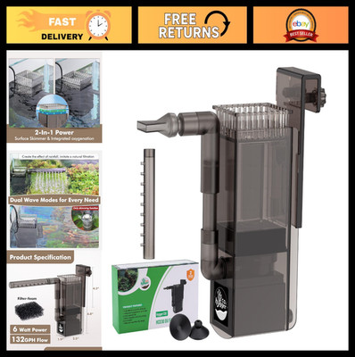 Aquarium Surface Skimmer for Up to 50 Gallons, 132GPH Flow, Dual Outlet & Wave M