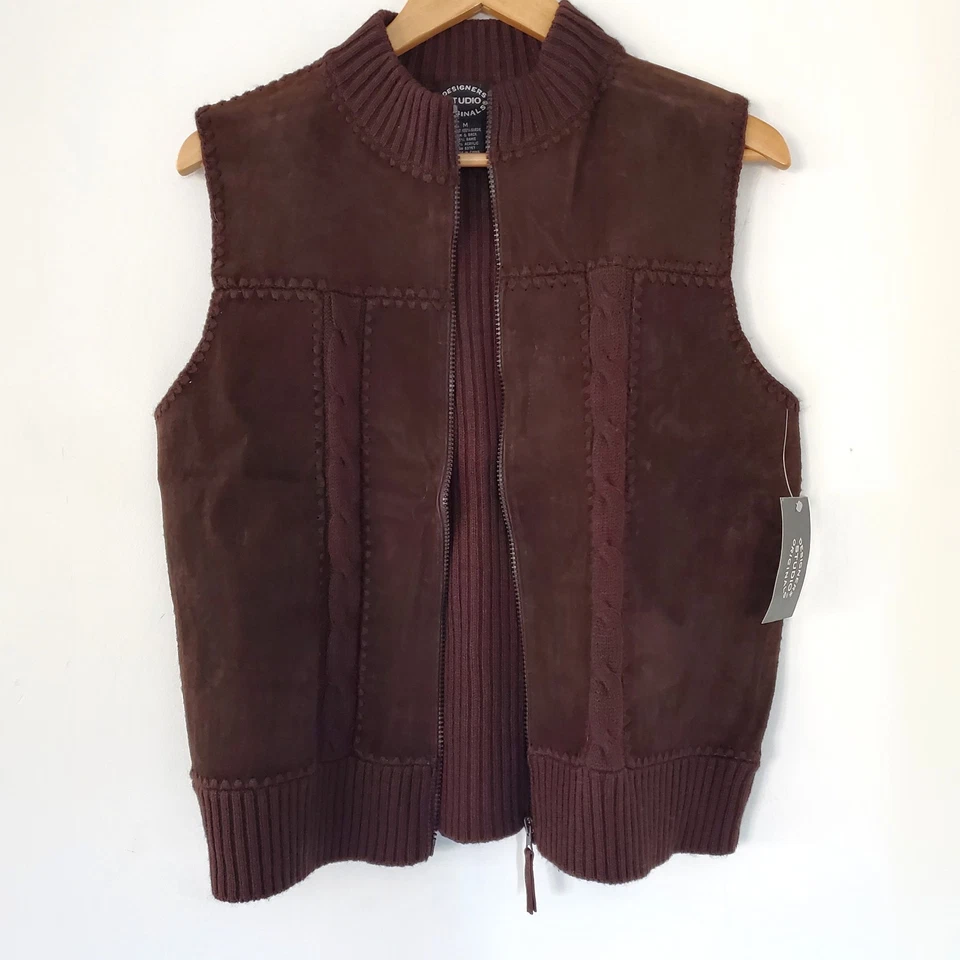 DESIGNERS STUDIO M Brown Suede Sweater Vest Full Zip NWT Mock Neck 70s Hippie - Image 3 of 4