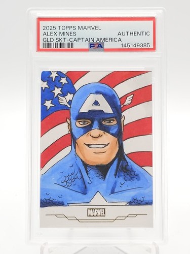 ALEX MINES 2025 TOPPS MARVEL GOLD SKETCH ARTIST AUTO CAPTAIN AMERICA PSA Q1215