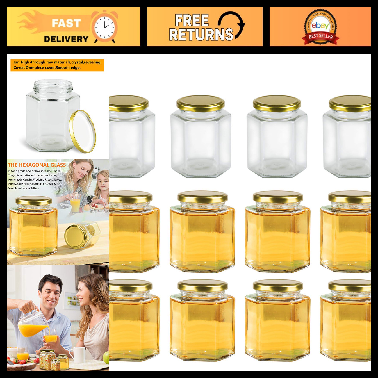 16 oz Hexagon Glass Honey Jars with Lids - 12 Pack Mason Storage Containers