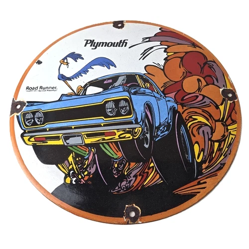 Vintage Mopar Plymouth Porcelain Sign - Road Runner Auto Shop Gas Pump Sign