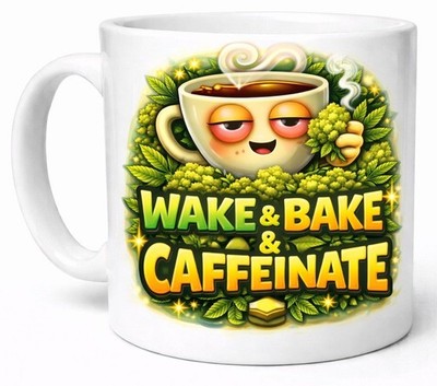 Wake and Bake and Caffeinate Lustiger Gras Kaffeebecher Geschenk Tasse