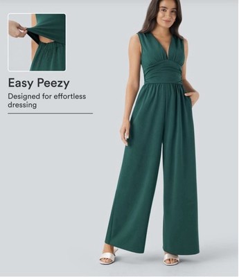 Halara Easy Peezy V-Neck Sleeveless Ruched Pocket Jumpsuit Emerald Green Medium