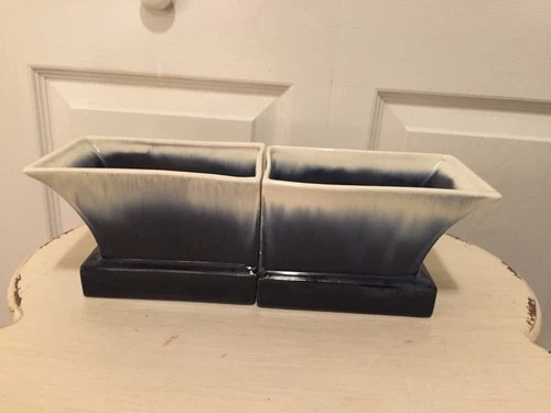 Red Wing Pottery Blue/White Drip Glaze Pair Footed Base Planters #2308 USA RARE