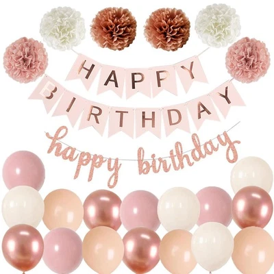Rose Happy Birthday Décoration Guirlande Anniversaire Fille Vintage Rose et B... - Photo 1/4
