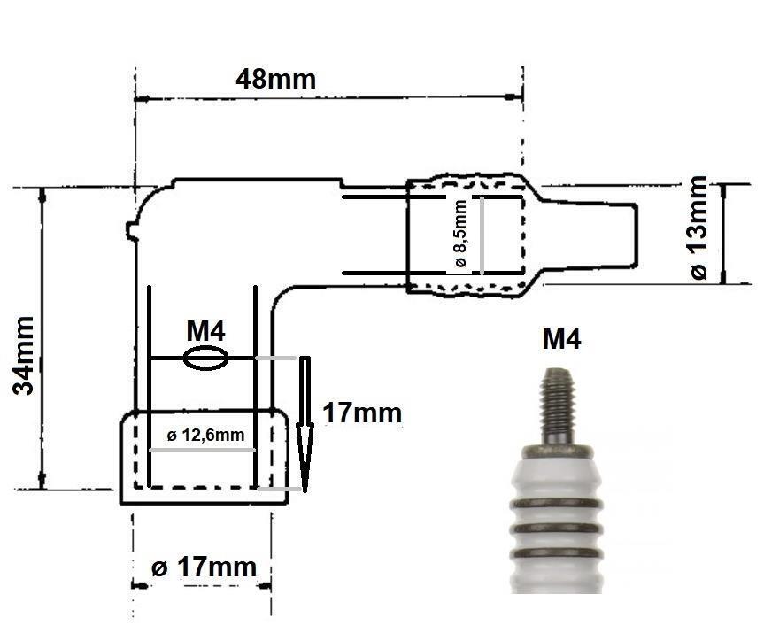 Zündkerzenstecker 90 34 x 48 mm für M4 Anschluss 10 - 12mm Kerzen