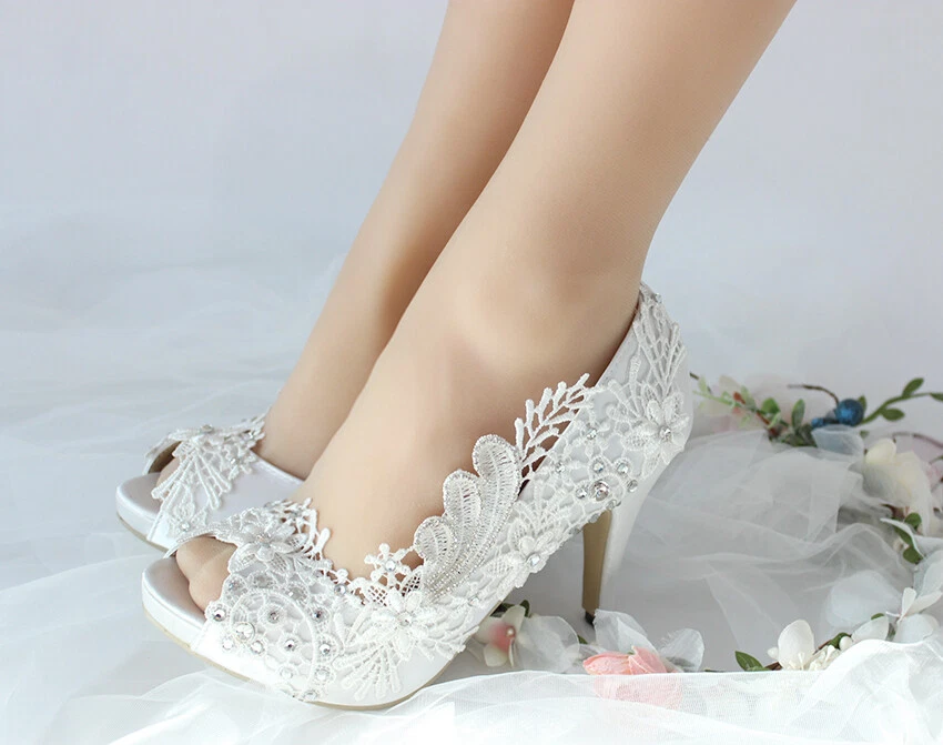 Único BLANCO MARFIL Puntera Abierta Zapatos de Boda Satén Novia Tacones Altos Noche 3" Tacón Foto 2 de 4