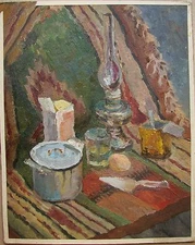 Ukrainian Soviet Oil Painting Impressionism  Still Life petrol-lamp carpet