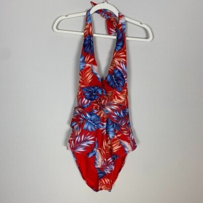 Evri Twist Front Halter One Piece Swimsuit Floral Womens 1X Red Hawaiian