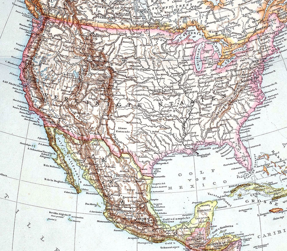 Карта Андреса 1881 Северная Америка США Канада Мексика Вест-Индия Аляска - Изображение 3 из 4