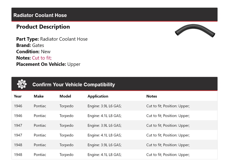 Manguera de refrigerante de radiador torpedo Pontiac 1946-1948 puertas superiores 1947 Foto 2 de 4