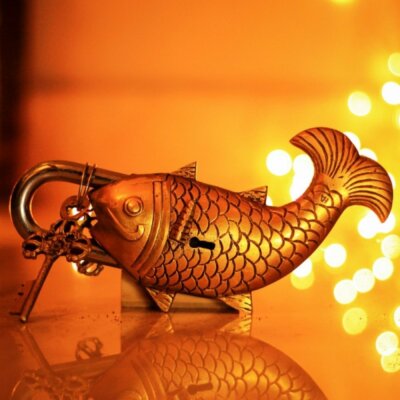 Two Moustaches Golden Fish Design Functional Brass Lock with 2 Keys limited piec