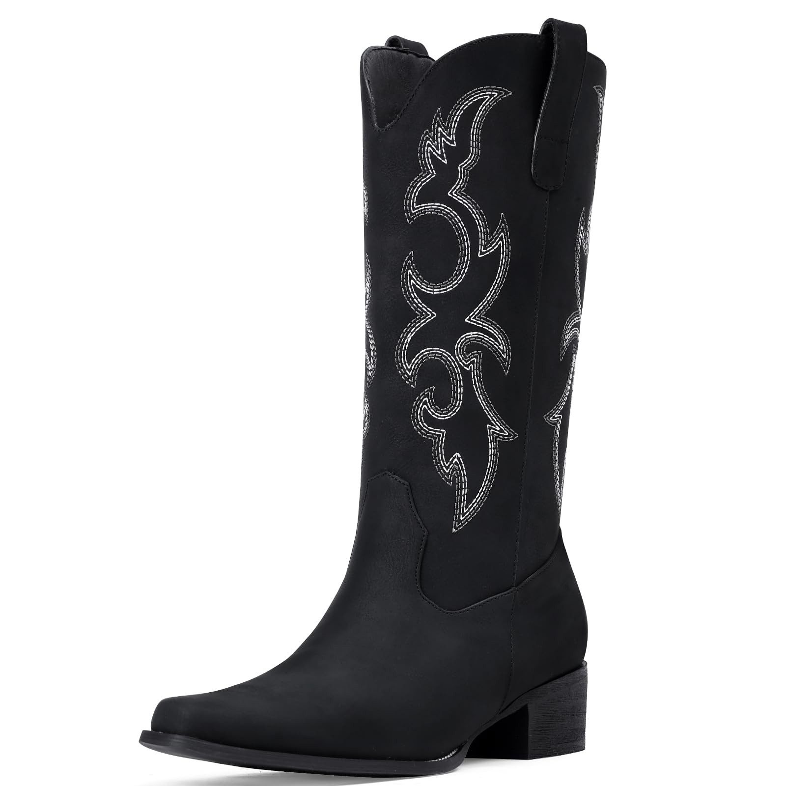 Off Black Cowgirl Boots for Women - Embroidered Western Mid Calf Boots