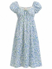 NWT Monteau Womens Blue Floral Puff Sleeve Cottagecore Dress Small