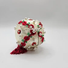 Vintage Handmade Christmas Ornament Cream Fabric Tassel Red Green Floral