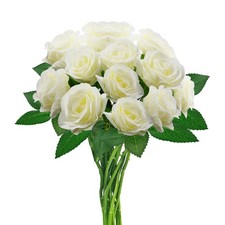 White Artificial Roses with Long Stems, 12Pcs Realistic Roses Artificial Flow...