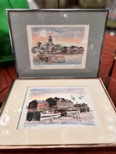 2 Prints  E. Kennedy Watercolor View of Provincetown&Long Wharf, Boston Framed