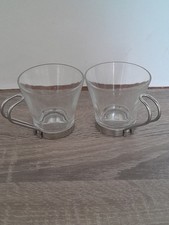  Pair of  Bormioli Rocco Espresso Glass Cups with Stainless Steel Handles  Used 