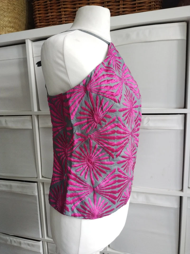10, Vintage French Connection, Pink Grey Embroidered Large Flower Halterneck Top - Image 3 of 4