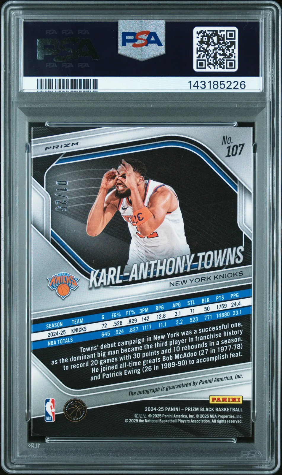 2024 Panini Prizm Black Karl-Anthony Towns Auto Blue Shimmer FOTL /25 #107 PSA 9 view 2