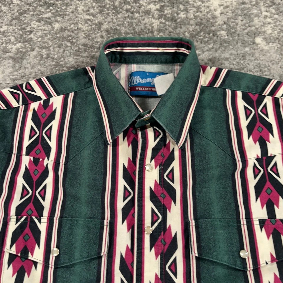 Vintage Wrangler Shirt Mens Large Green Aztec Striped Pearl Snap Long Sleeve 90s - Image 2 of 4