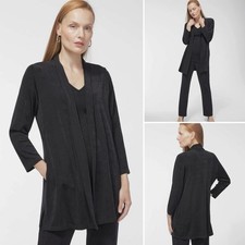 Chico s Travelers Classic Long Knit Jacket Open Front L Pockets Bracelet Sleeves