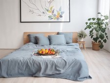 Dusty Blue Linen Flat Sheet, Soft Linen Bed sheet with 2 Pillowcase, Lightweight