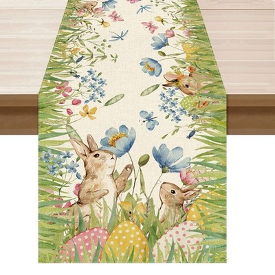 Watercolor Cute Bunny Eggs Grass Flowers Rabbits Easter Table Runner Table De...
