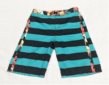 Cherokee Men's Swim Trunks, Black and Blue Striped with Floral Accents, Size XL.