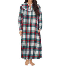 NWT Lanz of Salzburg Ivory/Green/Red PLAID COTTON FLANNEL Nightgown S POCKETS