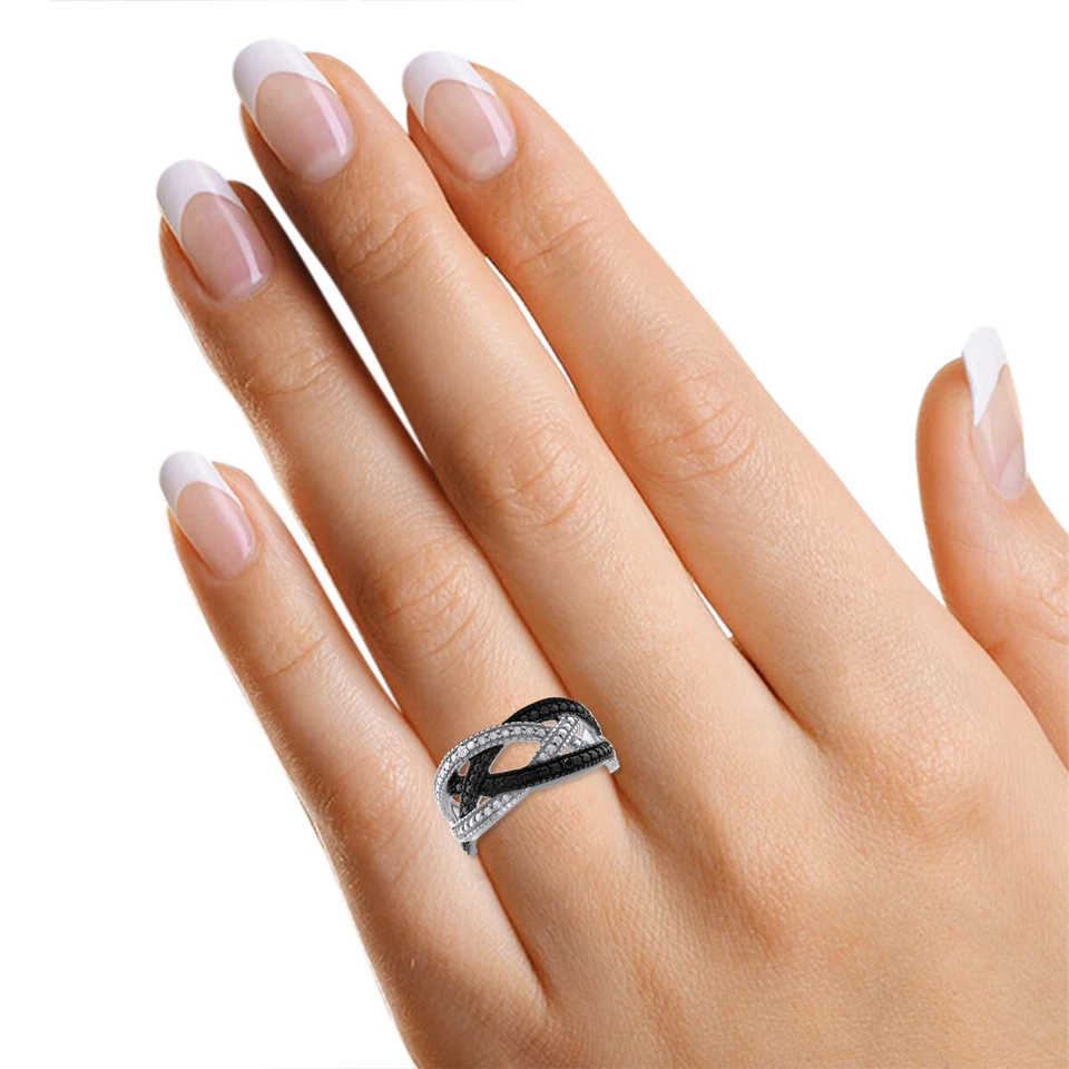 Anillo infinito con acento de diamantes reales y negros de 0,01 quilates enchapado en oro blanco de 14 k talla 10 Foto 3 de 3