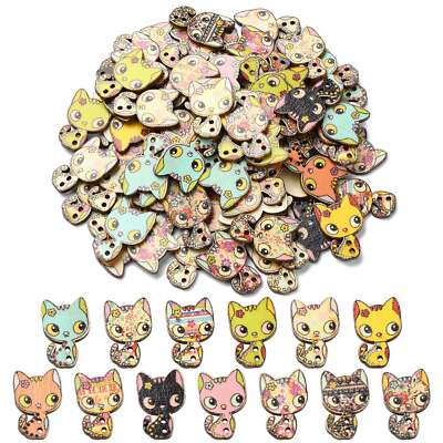 100Pcs 2-Hole Wooden Cat Shape Buttons Kittens Button for DIY