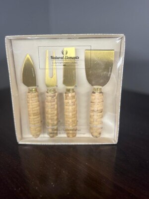 Cheese Knife Set - Natural Elements - Charcuterie Board Rattan Handles 