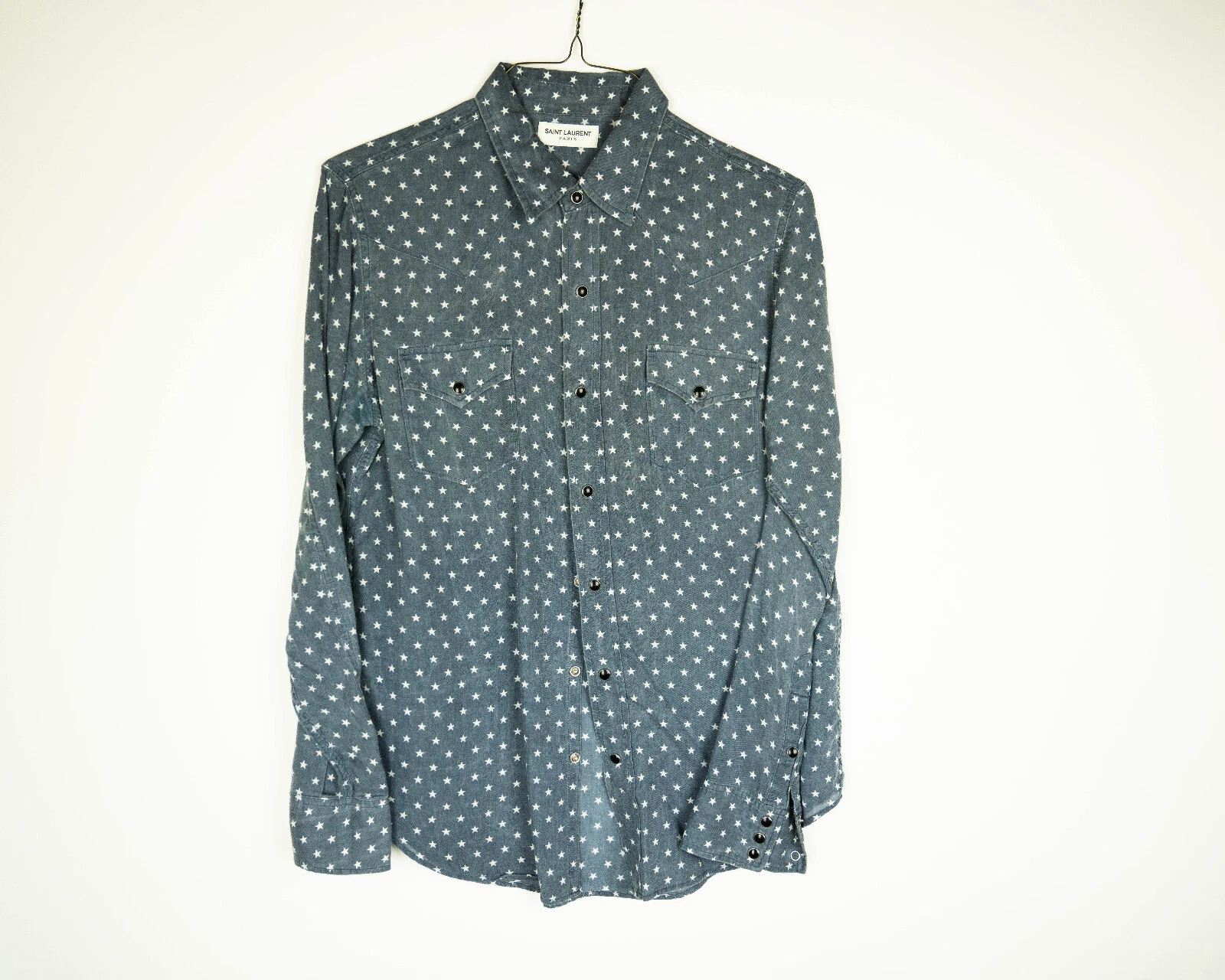 Saint Laurent — SAINT LAURENT PARIS Western Shirt Flannel Plaid Star Blue Denim Washed Large L