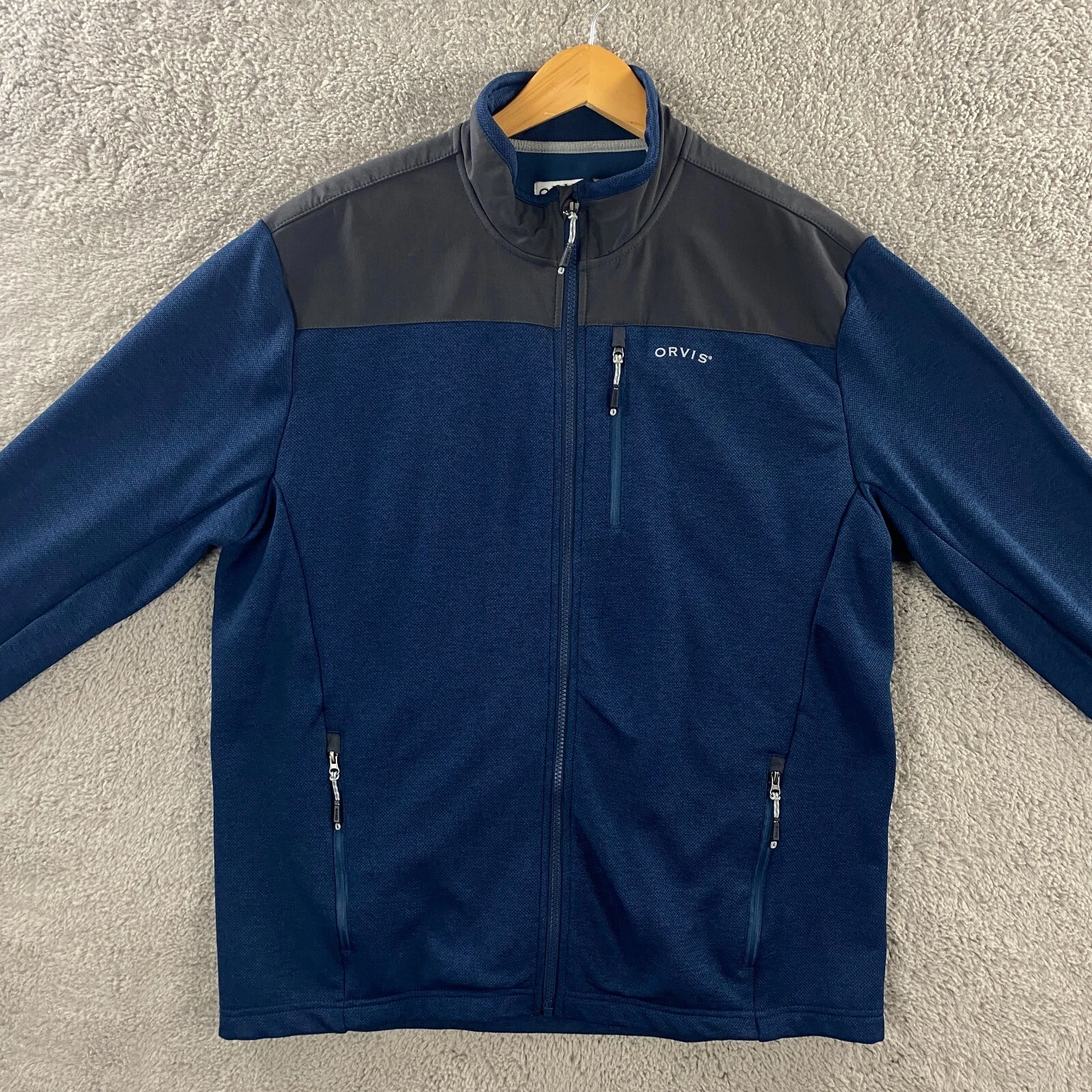 Orvis Full Zip Up Jacket Mens Large Navy Blue Fleece-Lined Wind-Resistant