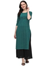 Women Kurta Grey Stripes Printed Cotton Blend Casual Kurta For Women And Girls