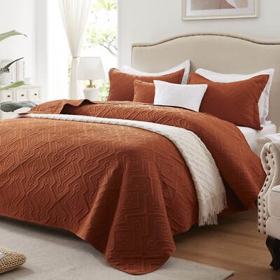 LEAONME Full/Queen Quilt Set 3 Pieces, Lightweight Burnt Orange/Rust Bedsprea...