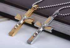 Unisex 316L Stainless Steel Gold JESUS Crucifix Cross Pendant Necklace Box P66