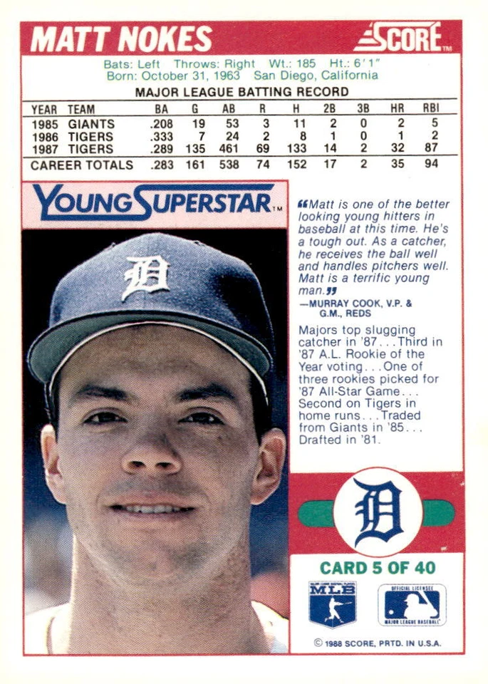 1988 Score #5 Matt Nokes Young Superstars Series I - Image 2 of 2