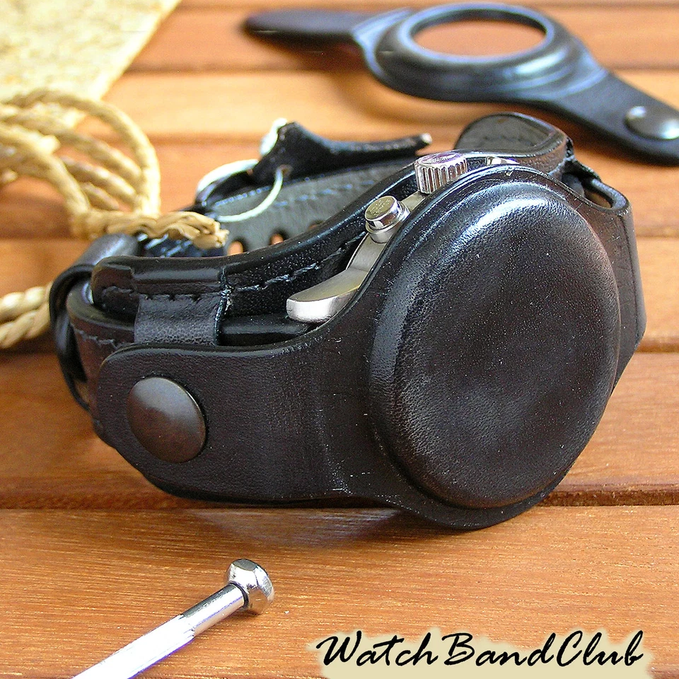 Correa de reloj de cuero 22 mm negra correa brazalete pulsera dos cubiertas Foto 2 de 4